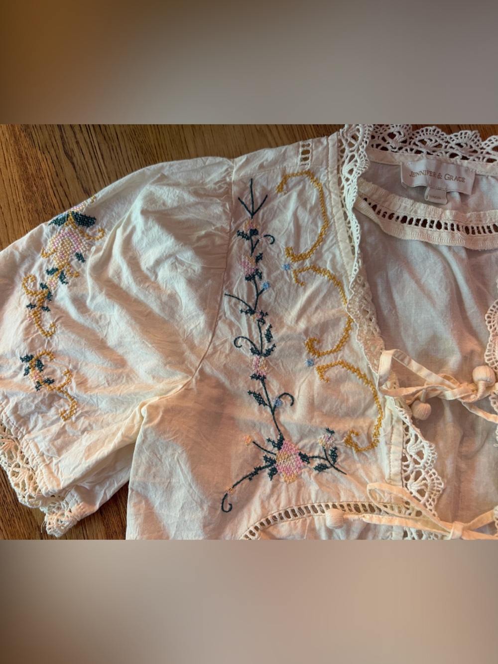 Jennifer & Grace Embroidered Tie-Front Lace Blouse Crop Top Boho Size XS